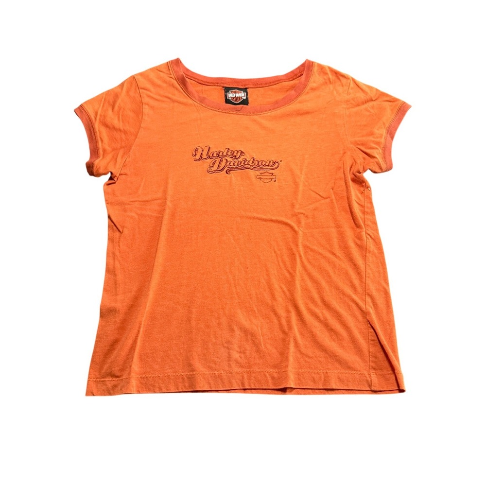Harley-Davidson Orange Embroidered Logo Baby Tee Size L Vintage Y2K